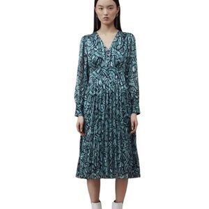 SUNCOO Paris Celya Midi Dress Green Floral Pleated Smocked Fairy Coquette XS